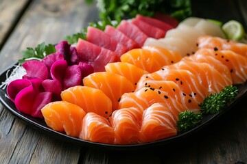 Delicious assorted sashimi platter with salmon, tuna, and white fish on rustic table