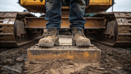 A closeup of the workers steeltoed boots planted firmly on the platform of a large excavator with muddy ground beneath representing the gritty reality of heavy machinery operation.