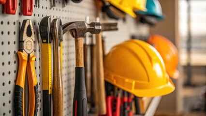 A closeup of tools hanging on a pegboard including hammers wrenches and safety gear representing the trade skills that provide local employment and contribute to construction