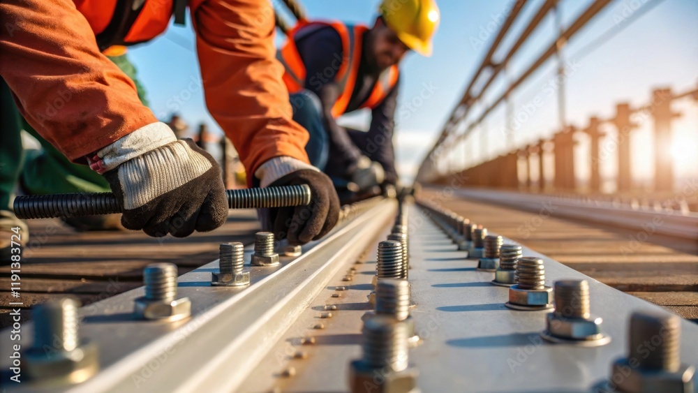 Poster A closeup of workers fastening bolts on a bridge deck their hands busy with tools emphasizing the manual skill required and the texture of the steel and tools gleaming in the