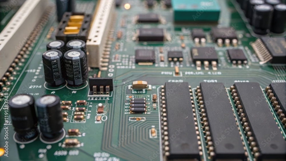 Poster A closeup on a circuit board within an industrial control system with densely packed resistors capacitors and microchips showcasing the intricate electronics that govern machine