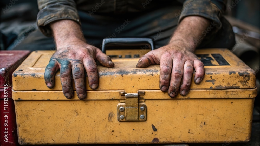 Leinwandbilder A closeup on a set of hands resting on wornout toolboxes fingertips stained with grease while in the background the remnants of a days labor are visible symbolizing a hard days