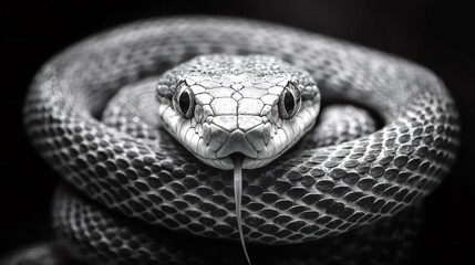 Fototapeta premium Coiled snake showing forked tongue in black and white