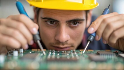 A closeup portrays the workers lips pursed in concentration hands gripping small instruments tightly as their eyes dart back and forth across a complex circuit board.