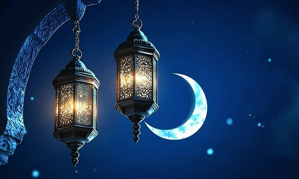 mubarak eid lantern hanging in the garden during moon night