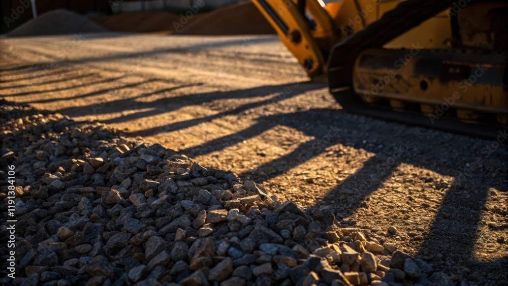 Poster a closeup shot capturing the interplay of shadows from construction equipment with a foreground of g