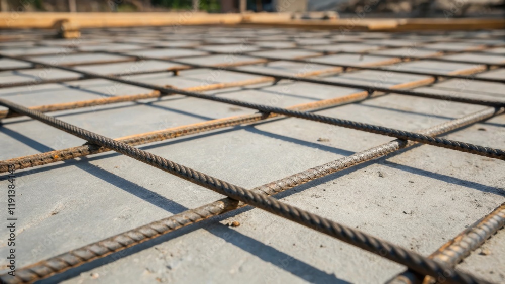 Poster A closeup shot focusing on the intricate patterns of poured concrete as fresh concrete forms intertwine with exposed rebar representing the structural integrity being established