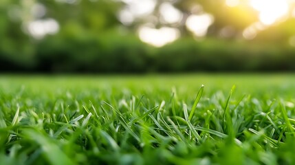 Lush Green Grass with Dew in a Sunlit Early Morning Landscape : Generative AI