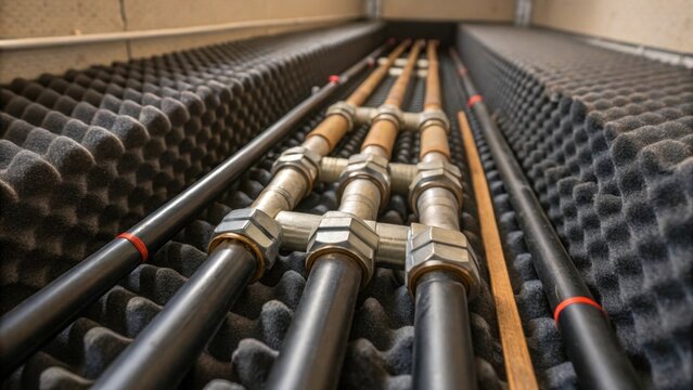 A closeup shot highlighting the junction where multiple pipes converge featuring detailed connections with metal fittings surrounded by a layer of soundproofing foam that adds