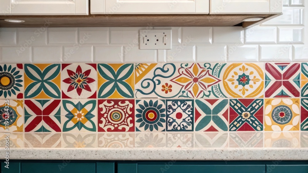 Aufkleber A closeup shot of a newly installed tile backsplash in a vibrant color scheme highlighting the intricate patterns and textures that breathe life into a simple kitchen area.