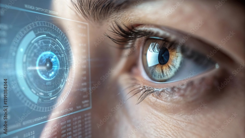 Aufkleber A closeup shot of an eye gazing intently at a digital interface displaying intricate data patterns. The reflection of the screen in the pupil emphasizes the human focus and
