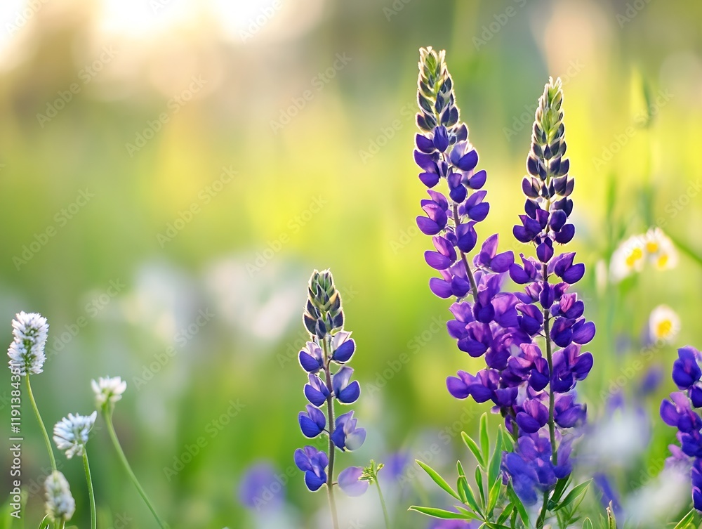 Poster Lush Lupines in Bloom in a Sunlit Meadow Surrounded by Bokeh Background : Generative AI