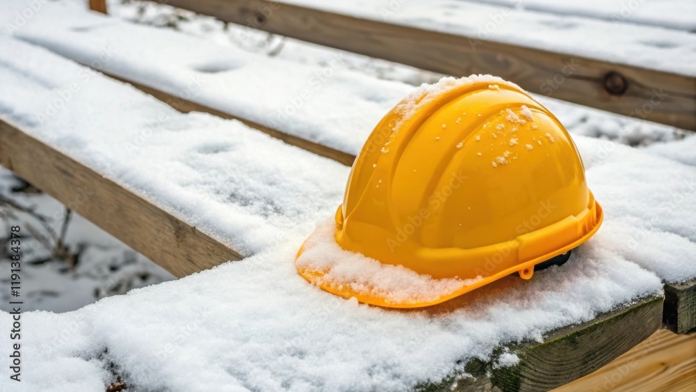 Aufkleber a closeup shot of a safety helmet resting on a wooden plank covered in snow the white snow contrasti
