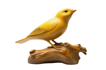 Bright yellow bird sculpture perched on a wooden base showcases intricate craftsmanship and artistry in its design and detail
