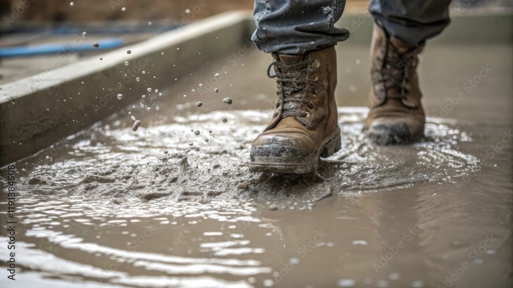Poster A closeup shot of a workers boots stepping into a pool of wet concrete with small droplets splashing around highlighting the physicality of the task.