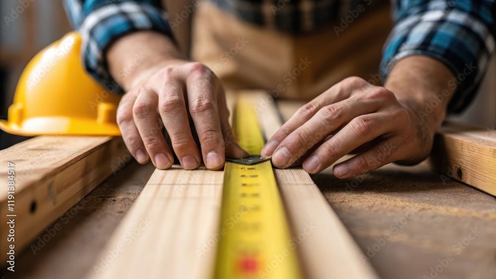 Poster a closeup shot of a workers hands carefully measuring and aligning materials showcasing craftsmanshi