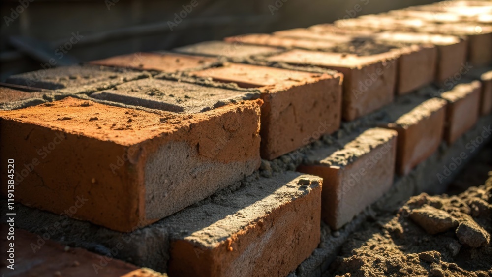 Fototapete a closeup shot of bricks being laid in mortar with light catching the rough textures and shadows acc