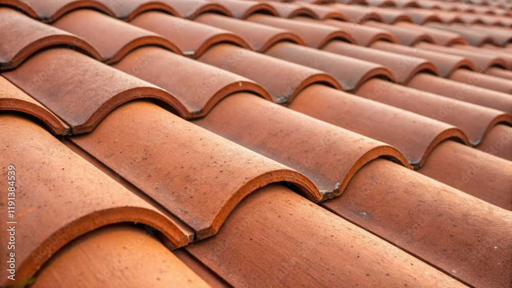 Poster A closeup shot of clay tiles illustrating their rounded interlocking profile with a rich terracotta color showcasing the subtle surface imperfections and slight color gradients
