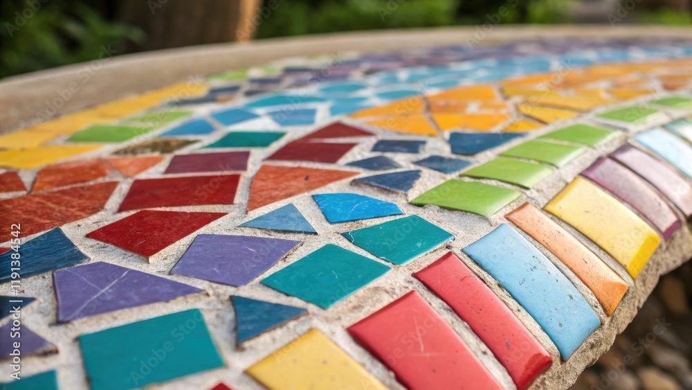 Fototapete a closeup shot of colorful mosaic tiles arranged haphazardly featuring a variety of shapes and hues 