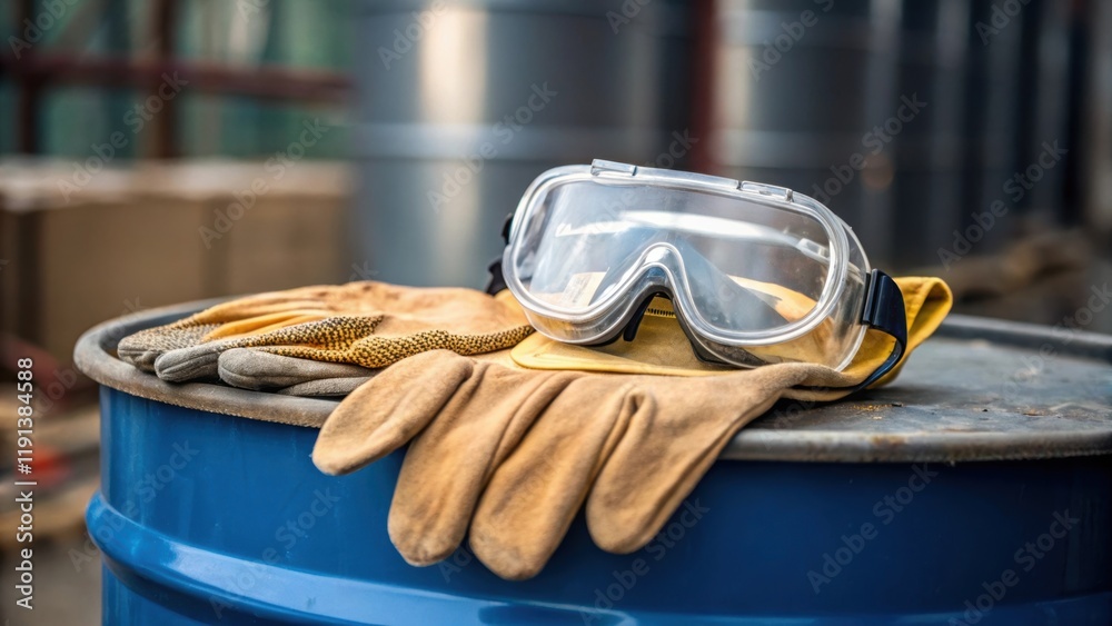 Poster a closeup shot of gloves and safety goggles resting on the edge of a storage drum signifying the bas