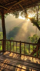 A serene wooden terrace overlooking jungle mountains with bamboo railings and a tree house retreat
