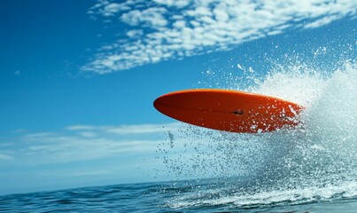 Orange board, ocean spray, blue sky, aquatic action.