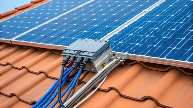 A closeup shot of intricate solar panel wiring showcasing the connection to a nearby inverter with the vibrant blue of the panels contrasting against the warm tones of the roof