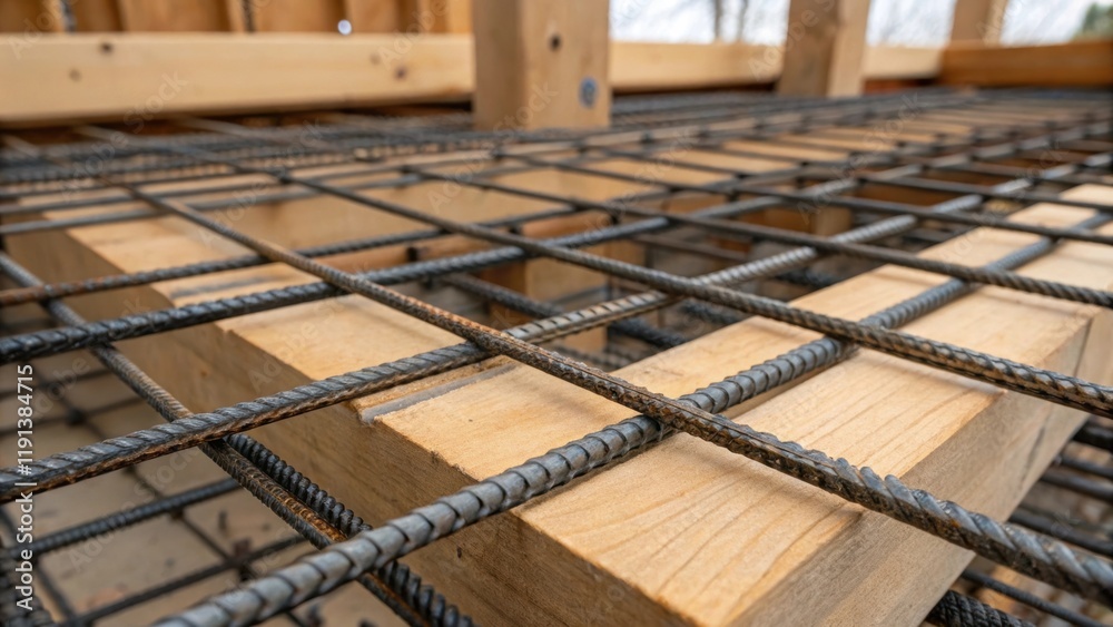 Poster a closeup shot of the steel reinforcement mesh within a pier and beam foundation exhibiting the intr