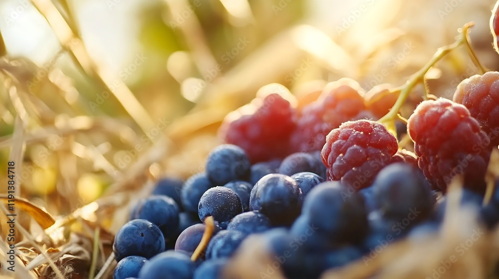 Aufkleber close-up of ripe blueberries and raspberries in sunlit countryside setting : generative ai
