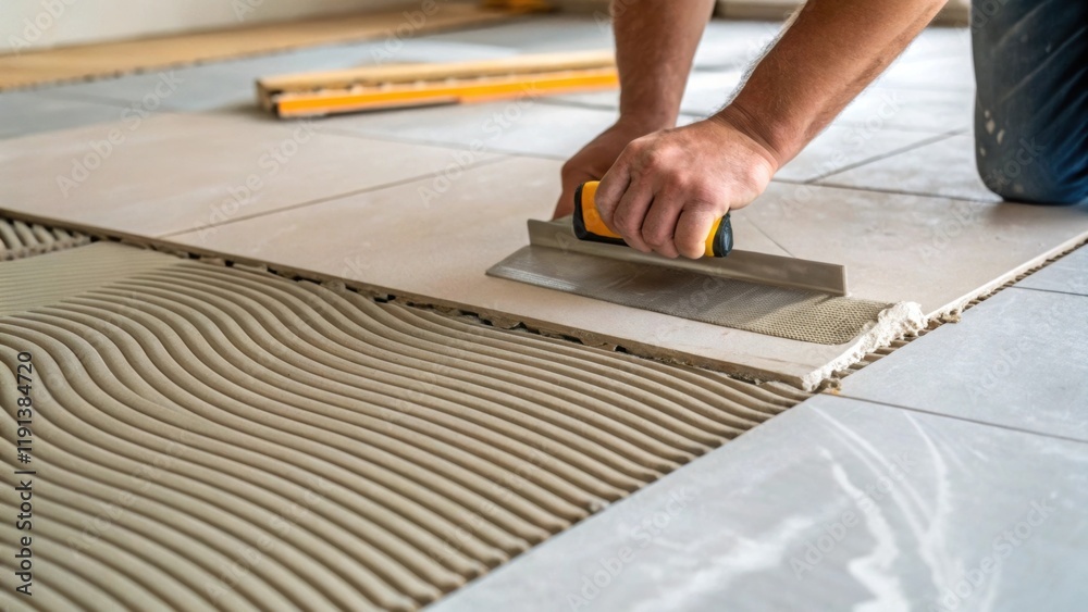 Poster a closeup shot of the tile adhesive being spread evenly over the floor with the workers tool expertl