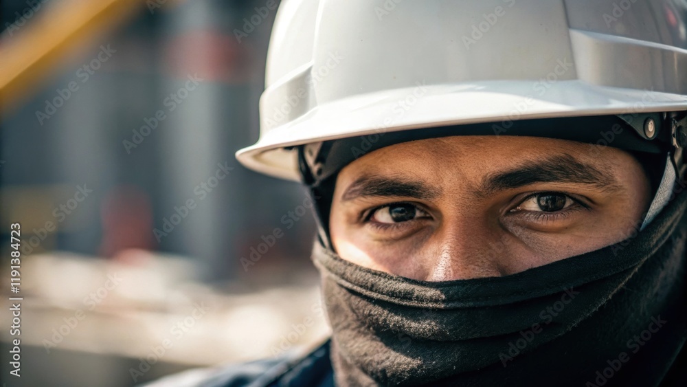 Poster a closeup shot of the workers face partially obscured by a hard hat their eyes focused and determine