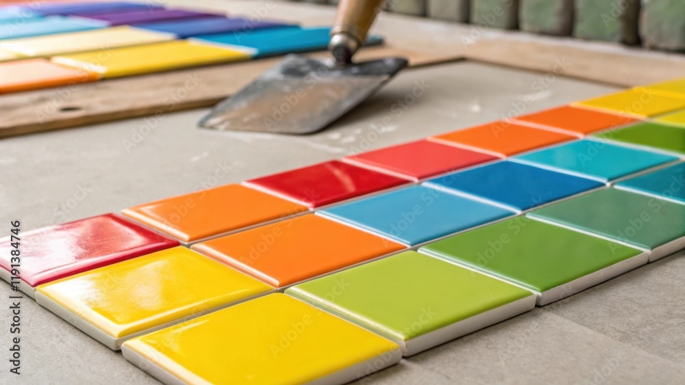 Poster a closeup shot of vivid ceramic tiles being applied to a surface showcasing the smooth glossy finish