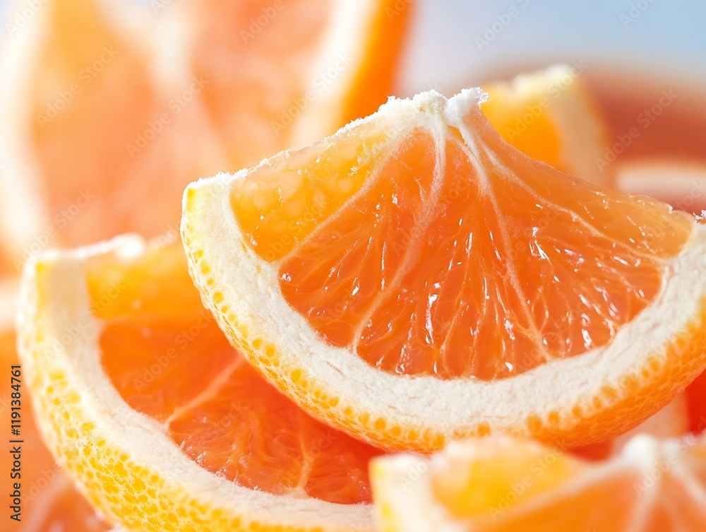 Poster macro closeup of fresh orange slices with juicy vibrant texture : generative ai