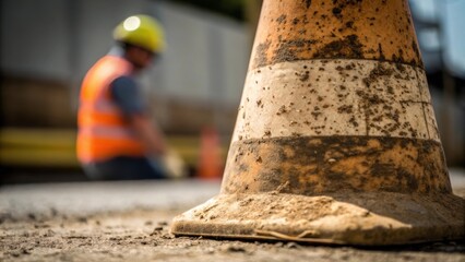 A closeup shot of the textured surface of a safety cones base featuring dirt and debris accumulation while a faint construction worker in a hard hat can be seen working in the