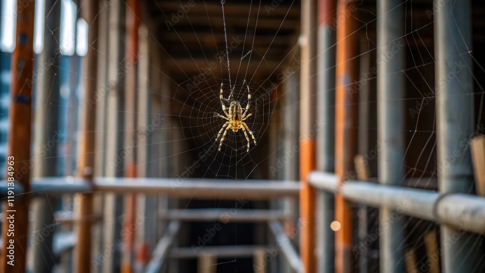 Aufkleber A closeup view highlights a spider in its web poised on the strands with the scaffolds vertical bars framing the scene symbolizing the intersection of nature and human