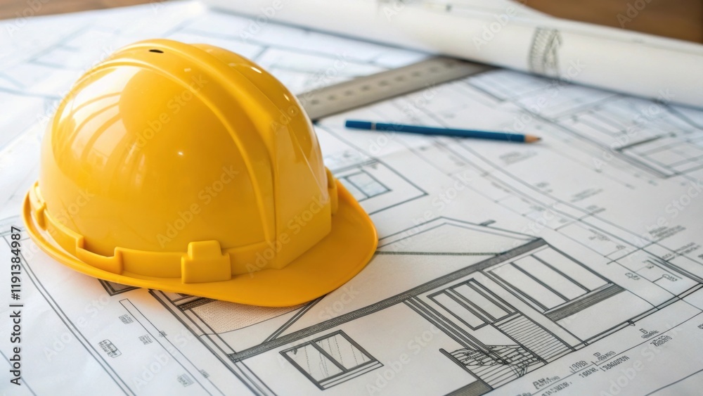 Aufkleber A closeup view of a construction helmet resting on a blueprint with pencil sketches of future buildings signifying foresight and the importance of planning before embarking on a