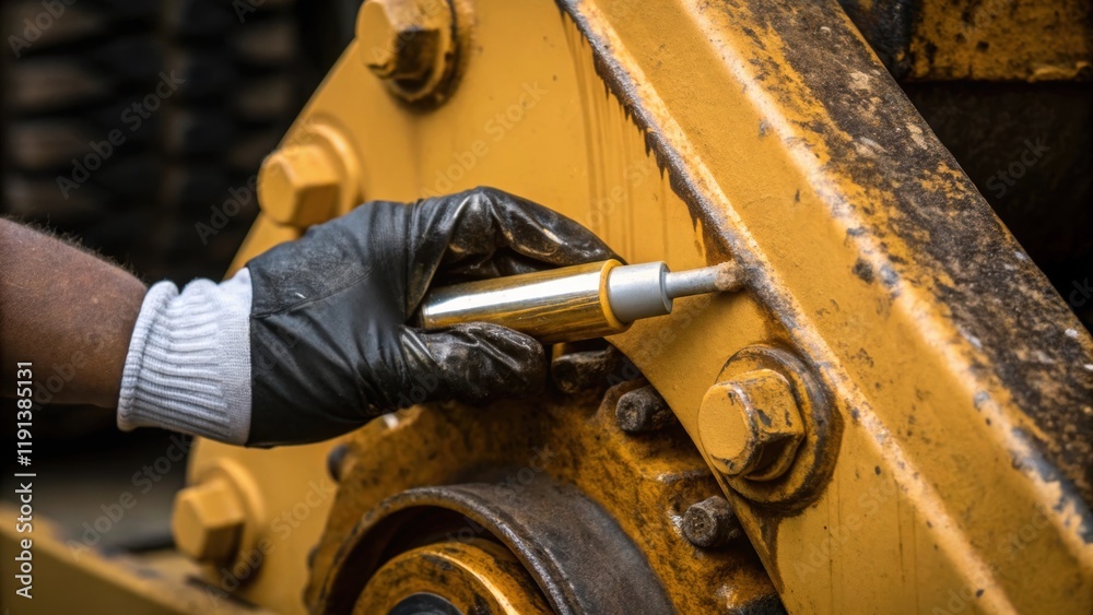 Poster A closeup view of a technicians hand applying grease to a loaders moving joint with detailed focus on both the shiny grease and the rugged worn metal parts of the machinery.