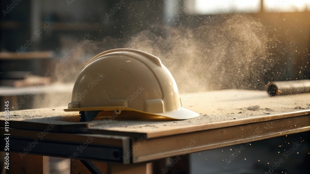 Poster A closeup view of a protective hard hat resting on a workbench surrounded by floating dust motes caught in the light illustrates the blend of safety and the inevitable mess of a