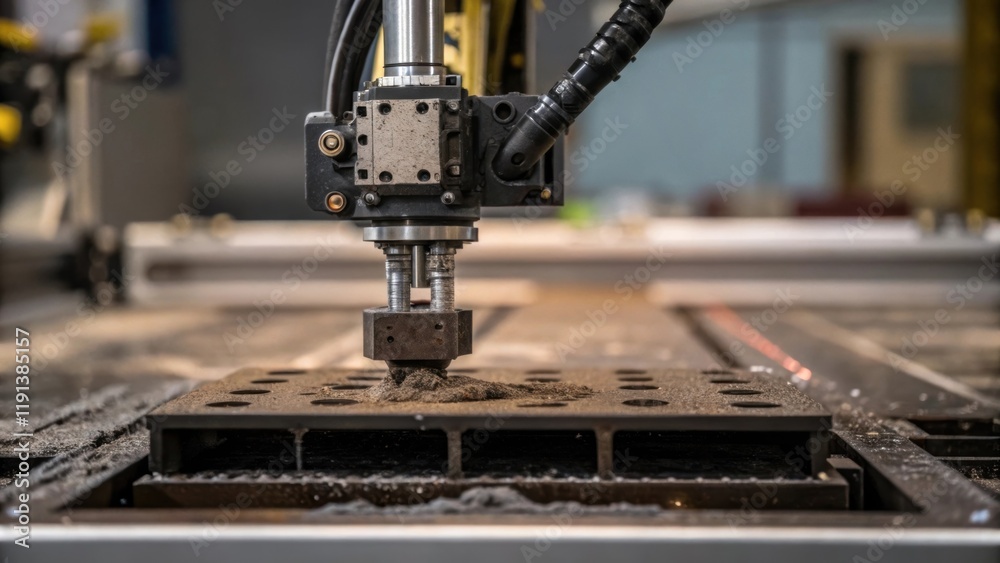 Poster A closeup view of a specialized robotic arm precisely placing heavy components onto the launch platform with gritty fingerprints on the machinery reflecting the intensity of the