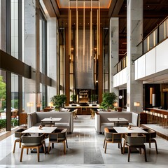 Elegant modern interior design of a luxurious hotel lobby with lighting
