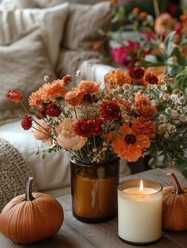 Gem&uuml;tlicher Herbstabend mit Blumen und K&uuml;rbissen