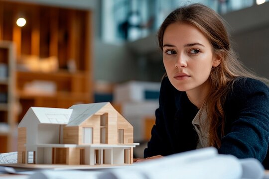 Young architect reflects thoughtfully on a model house design in a modern studio setting