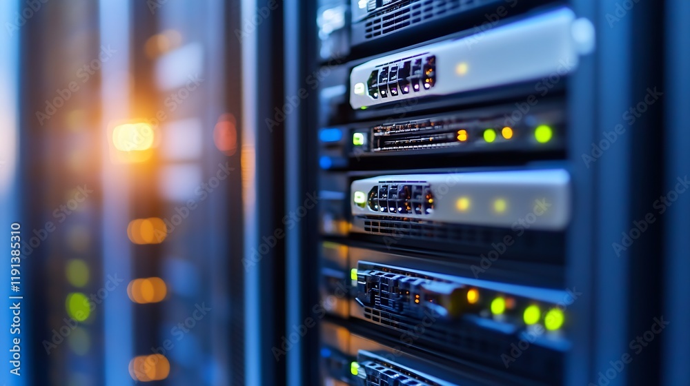 Poster Closeup of Modern Data Center Server Racks with Blinking Indicator Lights for Technology Background : Generative AI