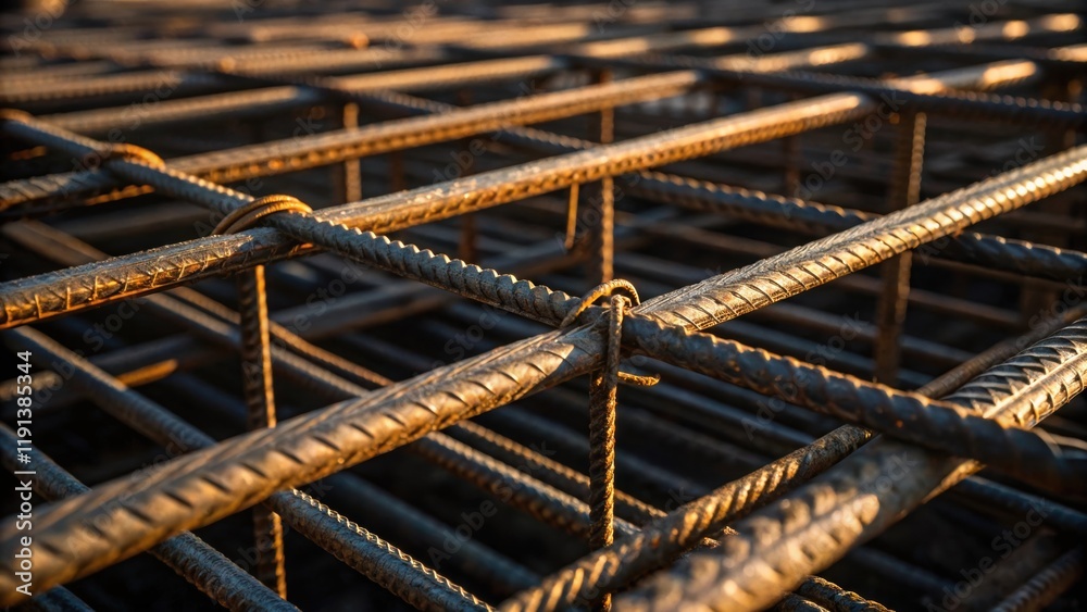 Aufkleber A closeup view of rebar being tied together with light illuminating the metal strands while deep shadows form intricate patterns creating a visual tension between the raw materials