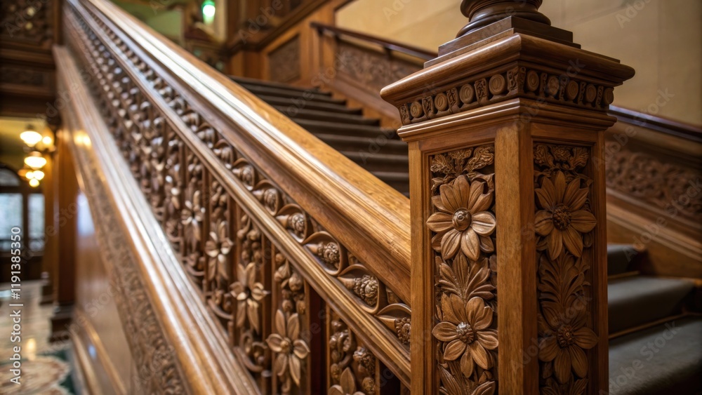 Poster a closeup view of intricately carved balusters on an ornate staircase with delicate floral motifs em