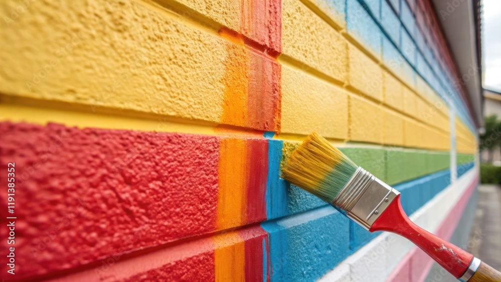 Poster a closeup view of paint being applied to a newly constructed wall with vibrant colors and fine brush