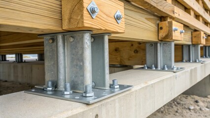 A closeup view of the connection point between the wooden beams and concrete piers in a pier and beam foundation focusing on metal brackets and fasteners that ensure secure