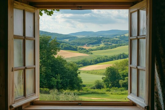 Fototapeta Open window overlooking idyllic rolling green hills landscape