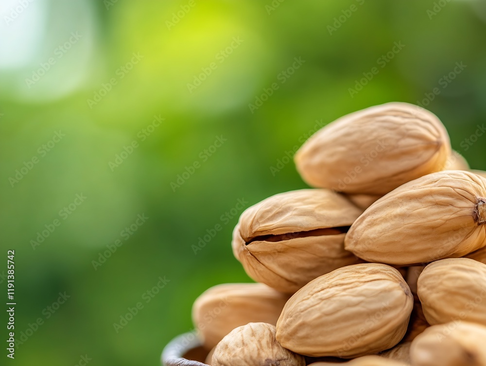 Aufkleber fresh shelled almonds close up with nature green bokeh background : generative ai