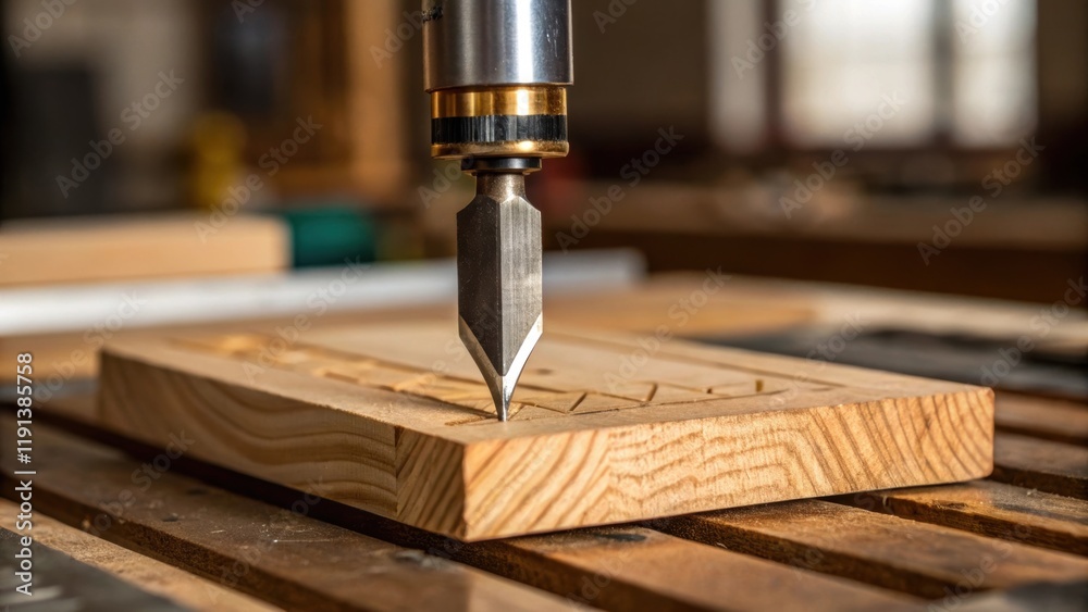 Poster A detailed shot of a carving tool poised over a block of hardwood the reflection of the light on the blade hinting at the sharpness and precision needed in the process.